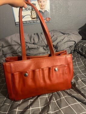 Longchamp Leather Tote in Rust Orange with Front Pockets